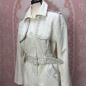 Bebe White Belted Trench Coat w/ Leather Trim – M